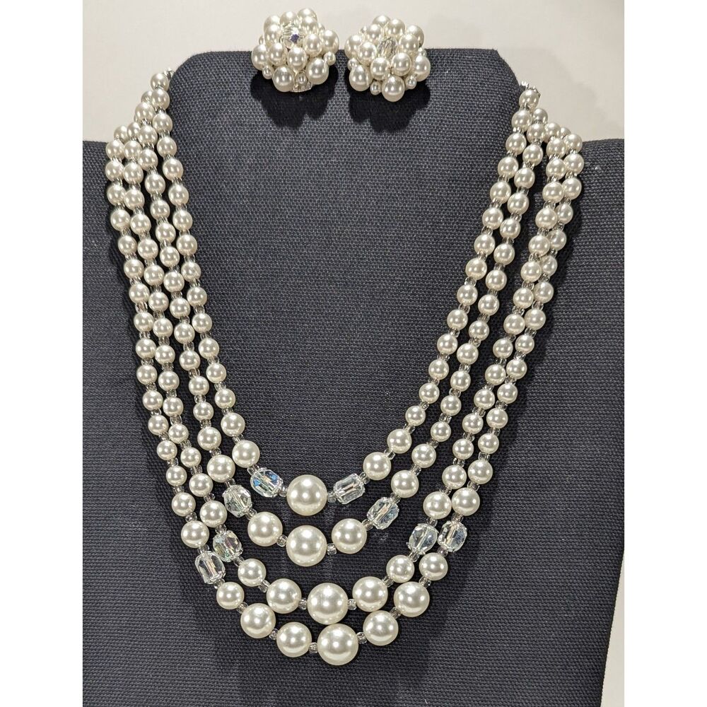 Multi Strand Vintage Japan Pearl and AB Rhinestone Set